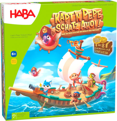 Auf dem Bild ist das Brettspiel "Käpt’n Pepe Schatz Ahoi!" von HABA zu sehen. Die Verpackung zeigt bunte Tierfiguren auf einem Piratenschiff im Meer.