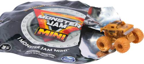 Auf dem Bild ist eine Verpackung von "Monster Jam Mini" zu sehen. Daneben steht ein kleines, orangefarbenes Monstertruck-Spielzeug.