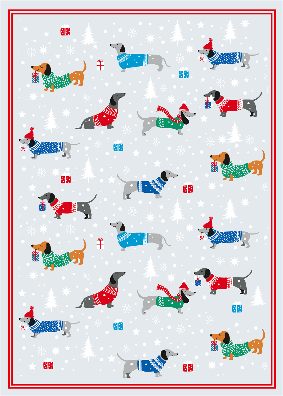 Auf dem Geschirrtuch sind Dackel in bunten Weihnachtspullovern und Mützen abgebildet. Im Hintergrund sieht man Schneeflocken, Weihnachtsbäume und kleine Geschenke.