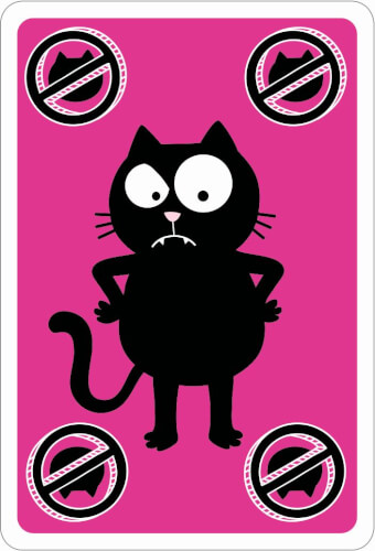 Das Bild zeigt eine schwarze Katze mit großen Augen auf einem pinken Hintergrund. In den Ecken sind Symbole mit einer durchgestrichenen Katze zu sehen.