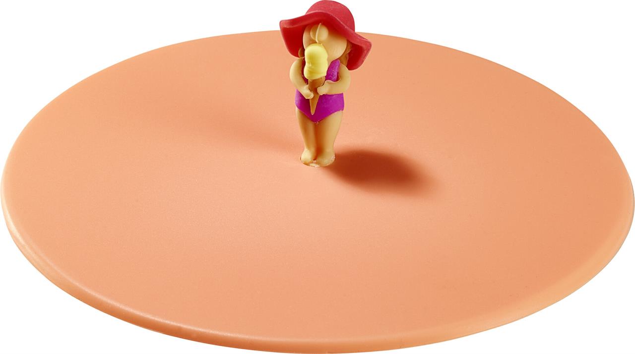 Auf dem Bild ist ein runder, orangefarbener Deckel zu sehen. In der Mitte steht eine kleine Figur einer Frau im Badeanzug mit rotem Hut, die ein Eis hält.