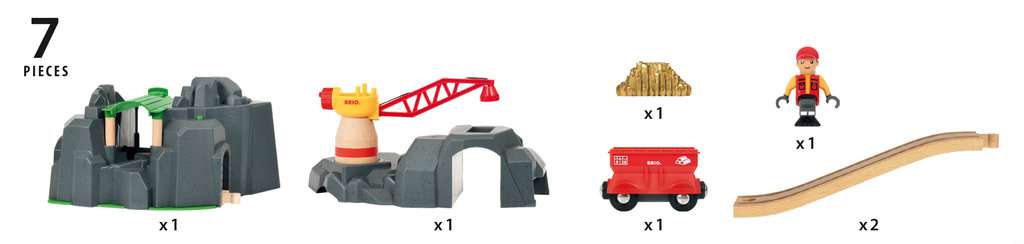 Das Bild zeigt das BRIO® World Set "Große Goldmine mit Sound-Tunnel 33889" mit insgesamt 7 Teilen. Abgebildet sind eine Goldmine, ein Kran, ein Goldbarren, ein Arbeiter, ein Waggon und zwei gebogene Schienen.