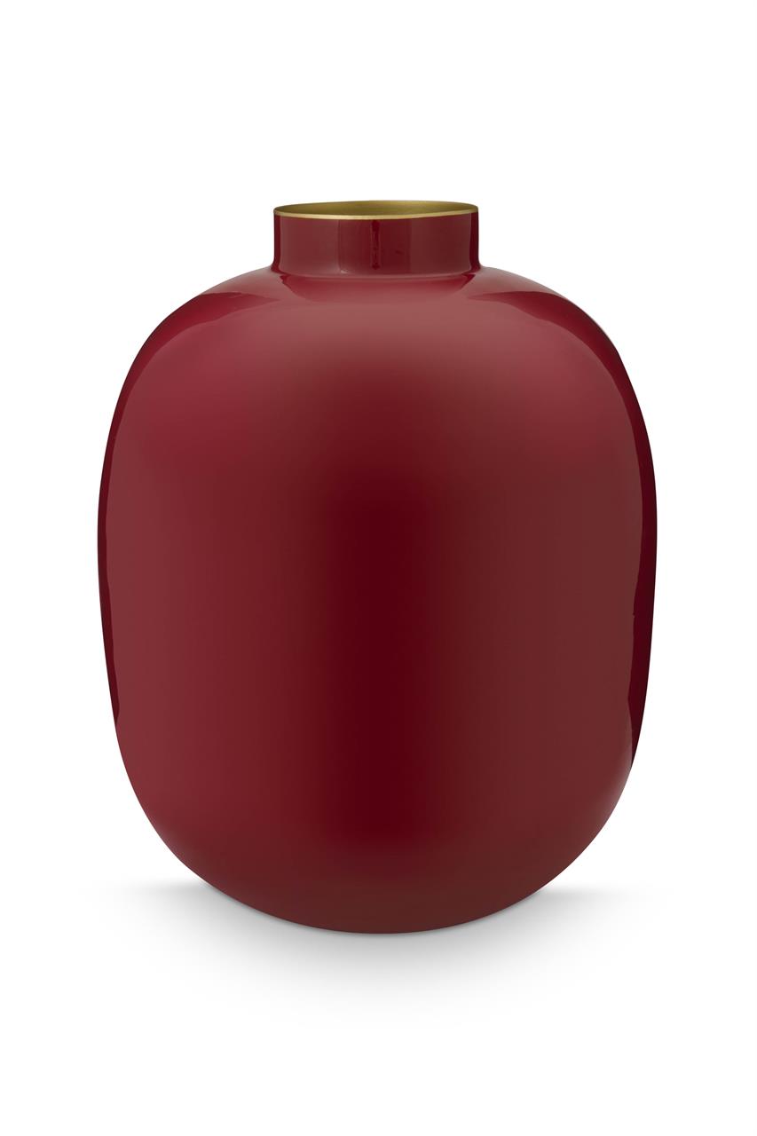 Die Abbildung zeigt eine Vase aus Metall in dunklem Rot mit einer Höhe von 32 cm. Die Vase hat eine schlichte, moderne Form und eine glänzende Oberfläche.