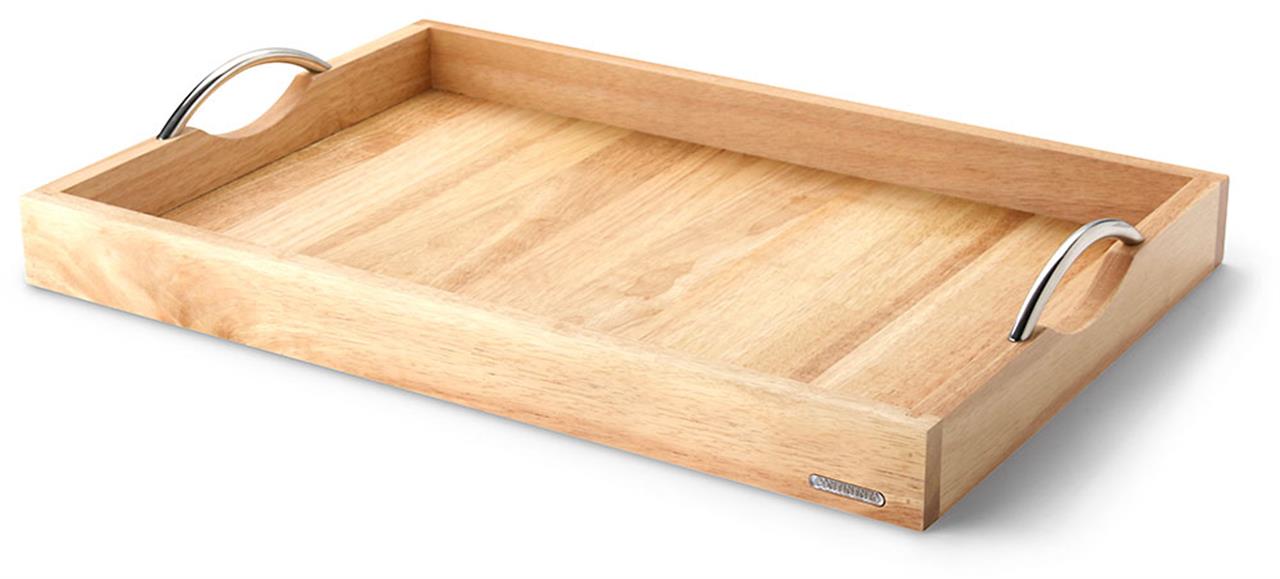 Dies ist ein Tablett aus Gummibaumholz mit den Maßen 53x36x5 cm. Es hat zwei Metallgriffe an den Seiten für einfaches Tragen.