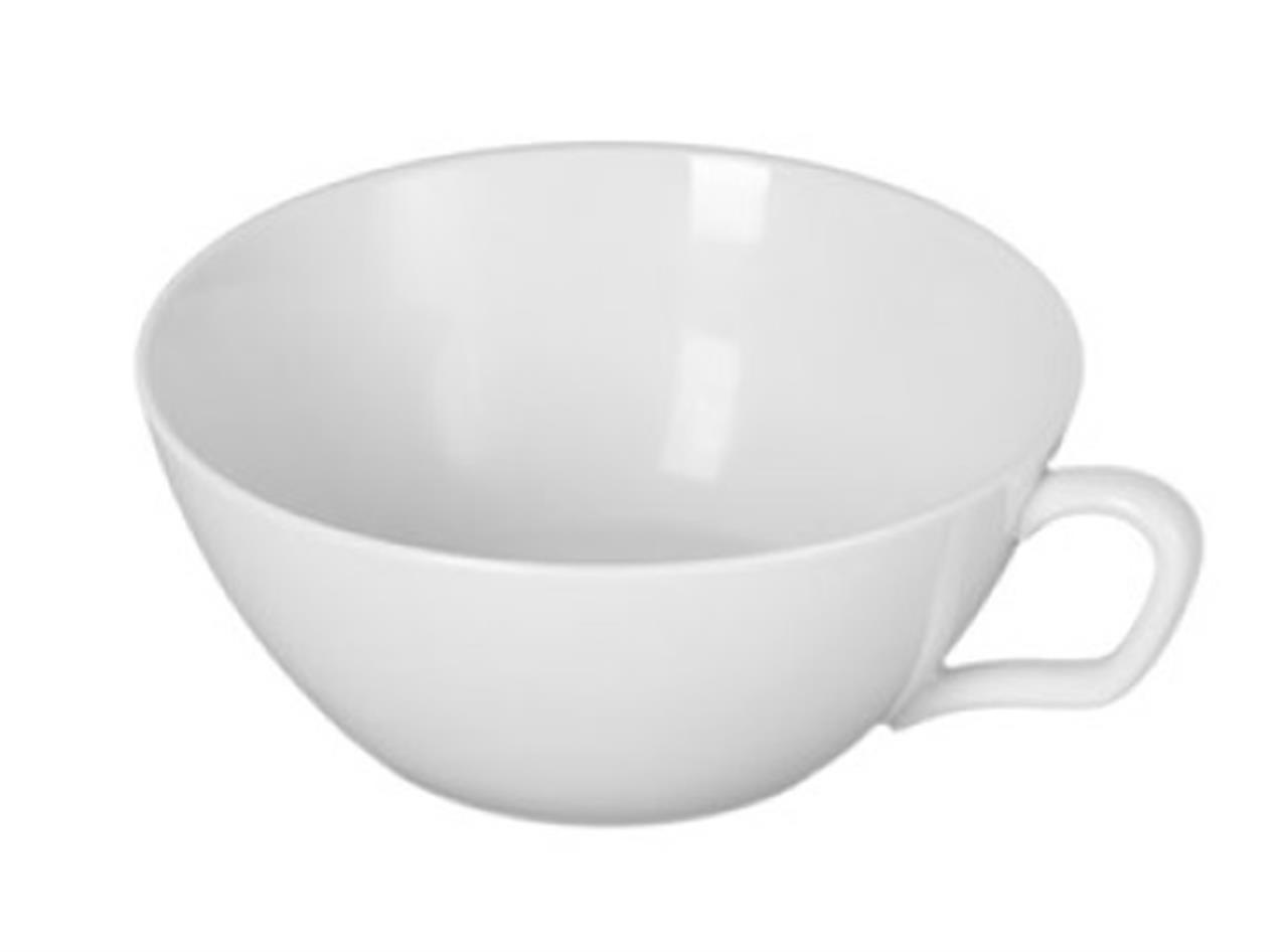 Die Abbildung zeigt eine schlichte weiße Teetasse der Marke MEISSEN® COSMOPOLITAN mit einem Fassungsvermögen von 0,20 Litern. Die Tasse hat ein elegantes, modernes Design mit einem kleinen Henkel.