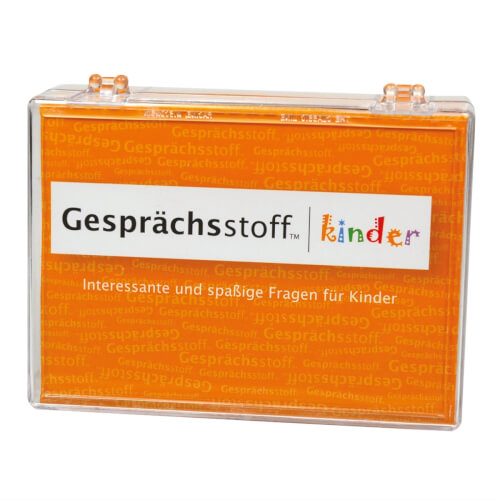 Auf dem Bild ist eine orangefarbene Box mit dem Aufdruck "Gesprächsstoff kinder" zu sehen. Darunter steht: "Interessante und spaßige Fragen für Kinder."
