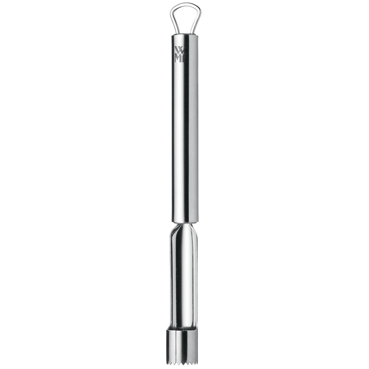 Das Bild zeigt einen Apfelausstecher aus Edelstahl. Das Produkt hat ein schlichtes, modernes Design mit einer runden Grifföse am oberen Ende.
