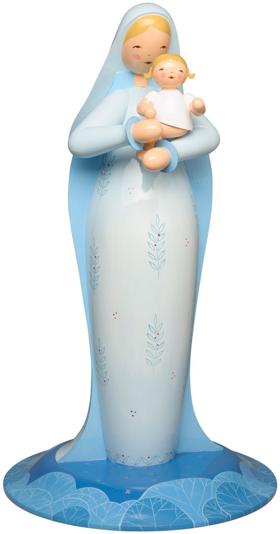 Die Figur zeigt die Madonna mit dem Christkind in den Armen. Sie ist in hellblauen Tönen gestaltet und steht auf einem runden Sockel.