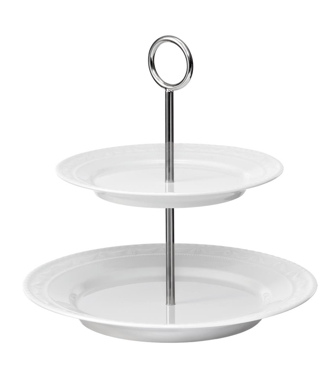 Das Bild zeigt eine kleine, zweiteilige Etagere aus weißem Porzellan mit Metallgriff. Sie besteht aus zwei runden Tellern, die übereinander angeordnet sind.