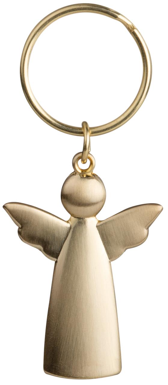 Der Anhänger zeigt eine stilisierte Engel-Figur aus goldfarbenem Metall. Er ist 4x3 cm groß und an einem Schlüsselring befestigt.