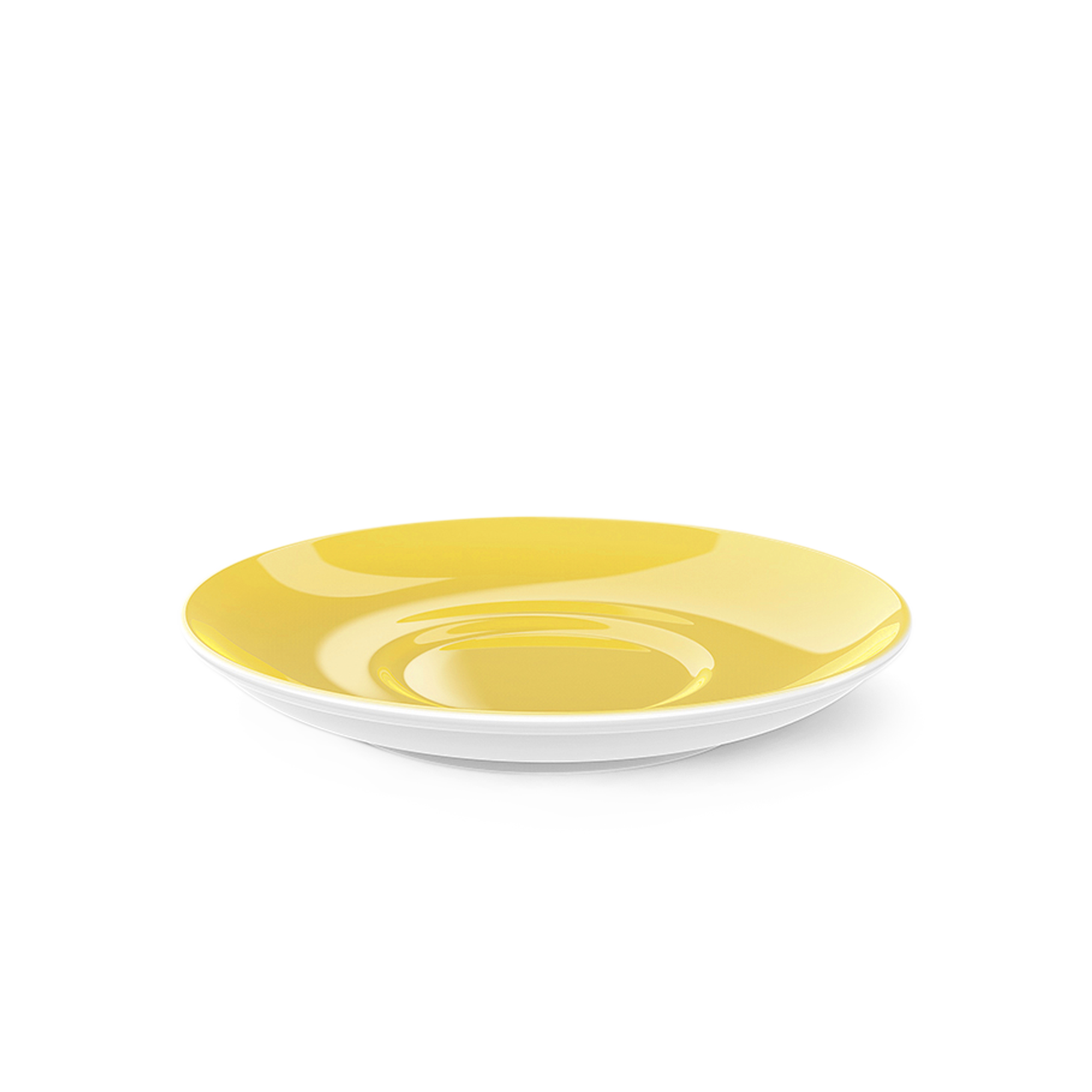Dies ist die Cappuccino Untertasse mit 16 cm Durchmesser in der Farbe Sonnengelb Solid Color. Die Untertasse ist schlicht und strahlend gelb gestaltet.