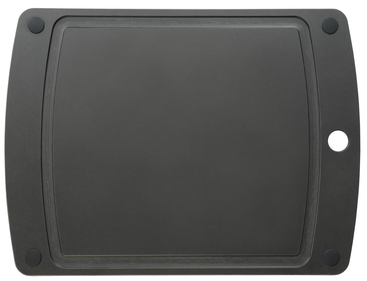 Das Bild zeigt ein schwarzes Schneidebrett mit den Maßen 37 x 27,5 cm. Das Schneidebrett hat einen umlaufenden Saftrand und abgerundete Ecken mit rutschfesten Gummifüßen.
