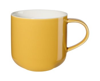 Auf dem Bild ist eine gelbe Tasse mit Henkel zu sehen. Das Innere der Tasse ist weiß.