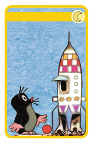Ein kleiner Maulwurf steht neben einer bunten Rakete. Im Vordergrund liegt ein roter Ball.