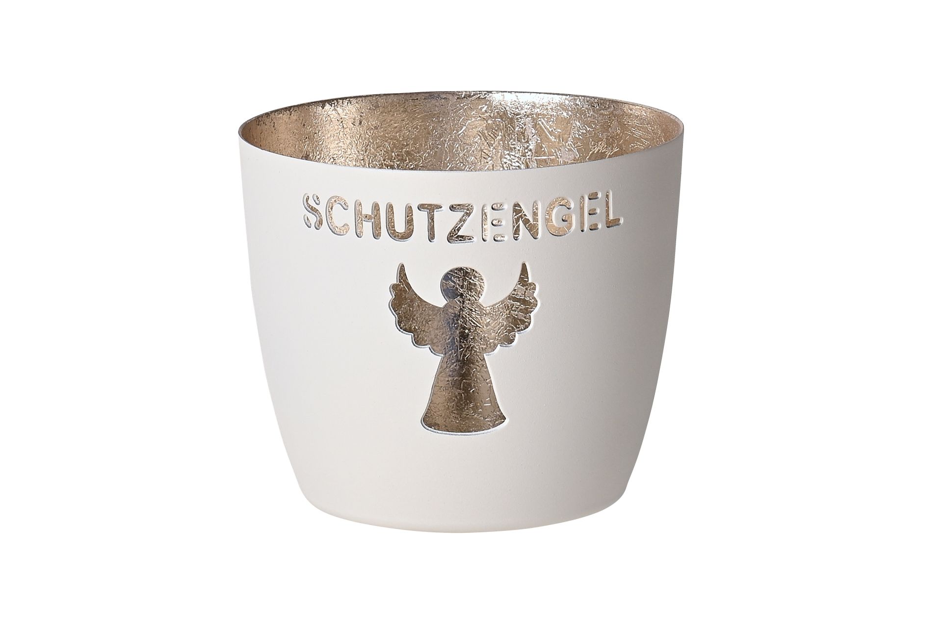 Abgebildet ist das Madras Windlicht in Größe M mit dem Motiv 'Schutzengel' in Weiß und Gold. Es schafft eine warme und gemütliche Atmosphäre.