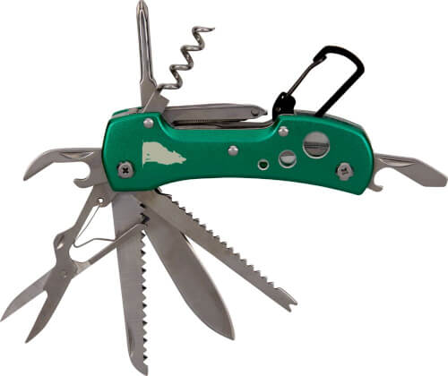 Das Bild zeigt ein grünes Taschenmesser mit vielen verschiedenen Werkzeugen, die ausgeklappt sind. Es gibt unter anderem eine Schere, eine Säge, einen Korkenzieher und einen Karabinerhaken.