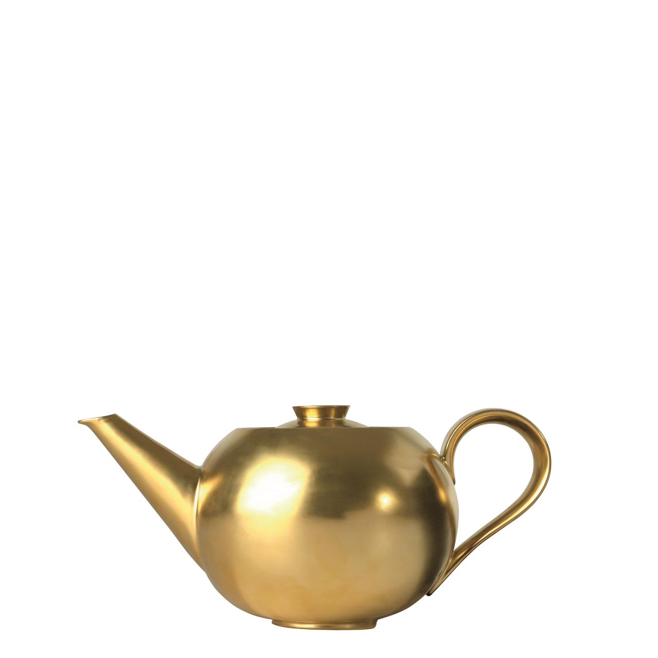 Das Bild zeigt eine Teekanne aus goldfarbenem Material mit rundem Körper, kurzem Ausguss und elegant geschwungenem Griff. Es handelt sich um das Produkt „Teekanne gold 1,2 l Emperors Garden“.