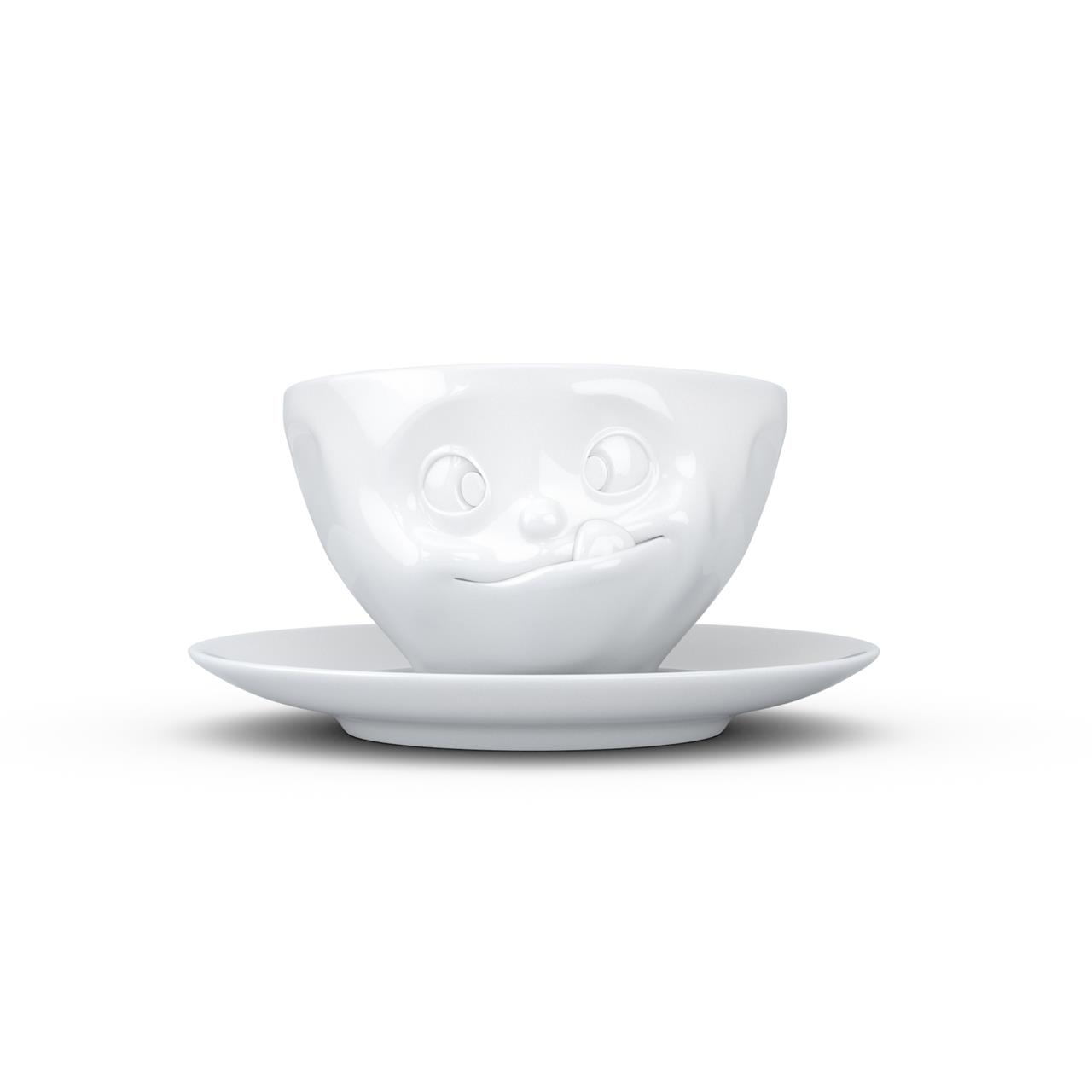 Die Abbildung zeigt eine weiße Kaffeetasse mit Untertasse, die ein fröhliches Gesicht hat. Das Fassungsvermögen der Tasse beträgt 200 ml.