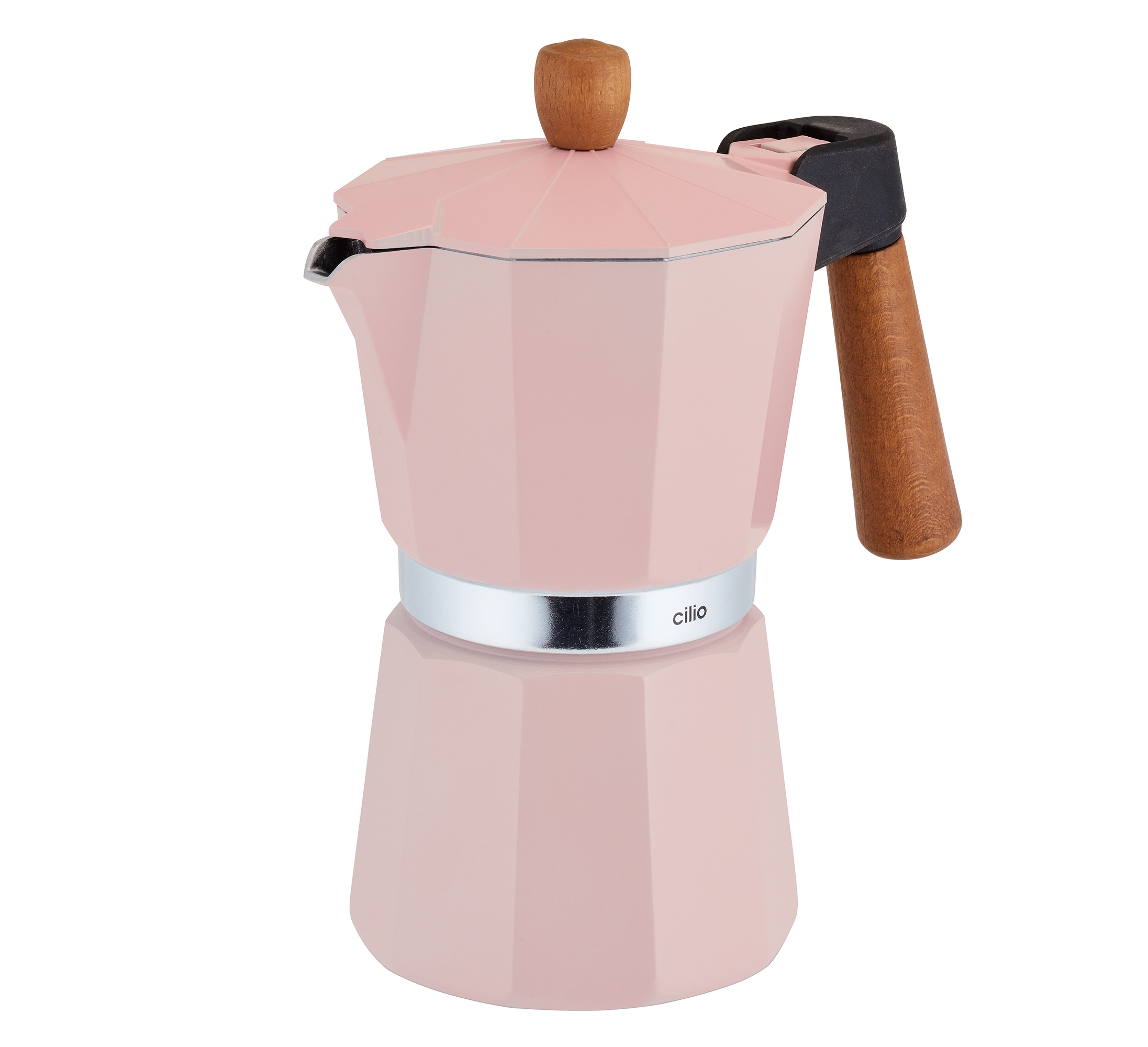 Das Bild zeigt den Espressokocher Legno für 6 Tassen in Rosa. Er ist ideal für Kaffeeliebhaber und ein Blickfang in jeder Küche.