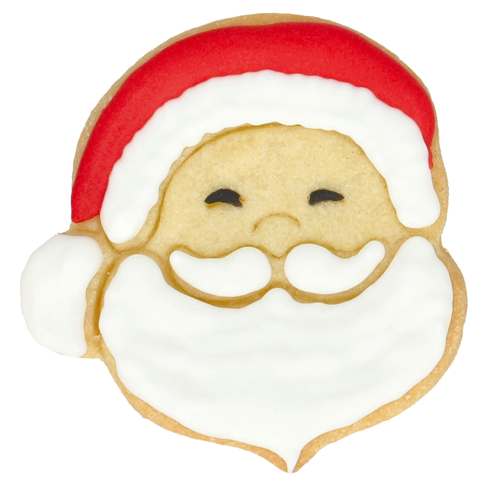 Das Bild zeigt einen Keks in Form eines Weihnachtsmann-Kopfes, dekoriert mit rotem, weißem und schwarzem Zuckerguss. Er wurde mit der Ausstechform "Weihnachtsmann-Kopf Edelstahl mit Innenprägung 6 cm" hergestellt.