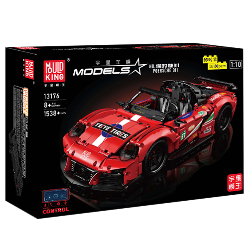 Auf dem Bild ist die Verpackung des Mould King® 13176 NO. 911 Supercar mit Fernsteuerung zu sehen. Das Set zeigt ein detailreiches rotes Modellauto, das an einen Porsche 911 erinnert.