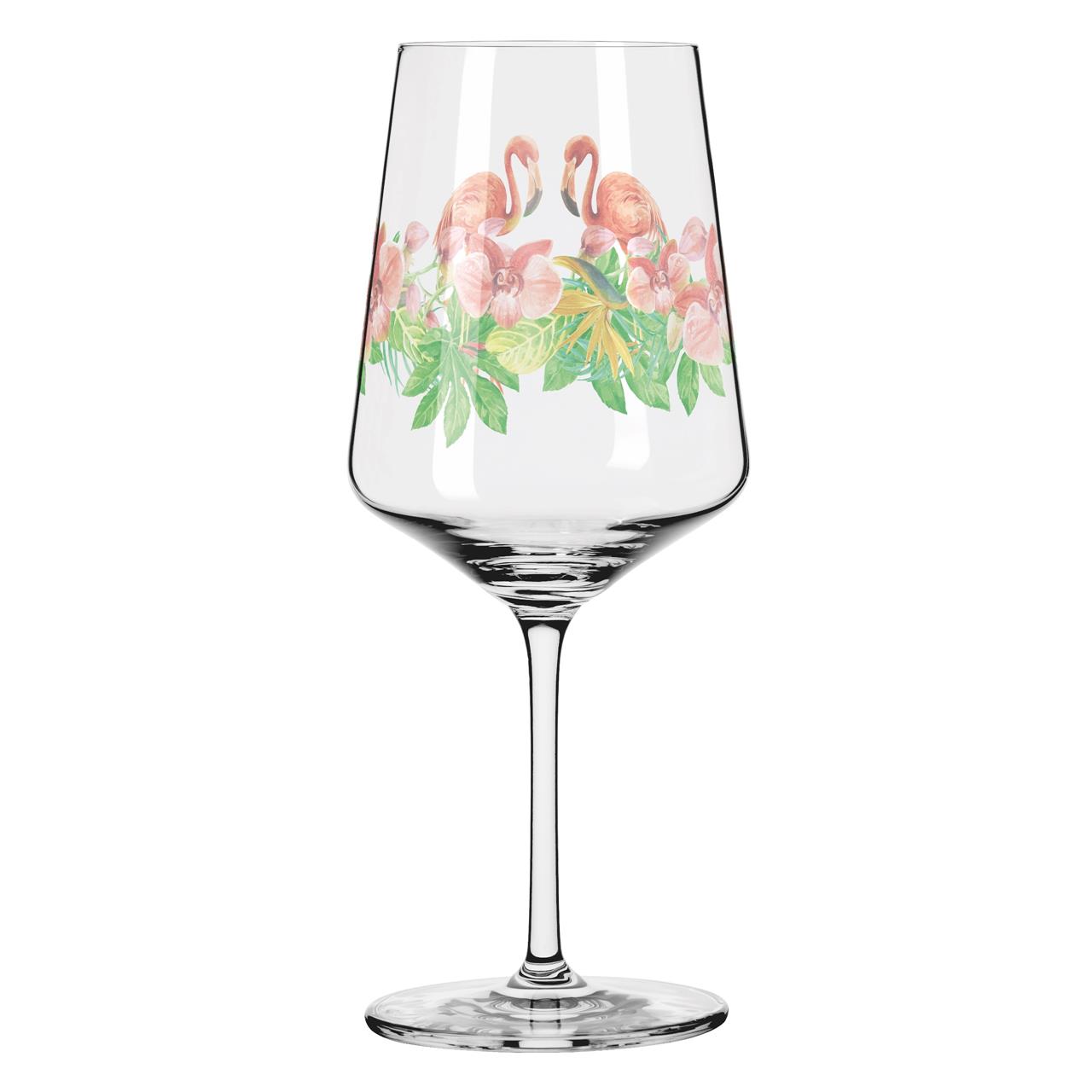 Das Glas zeigt ein farbenfrohes Motiv mit Flamingos und tropischen Blumen. Es gehört zum Produkt "Sommersonett Sprizz 2er-Set 005".