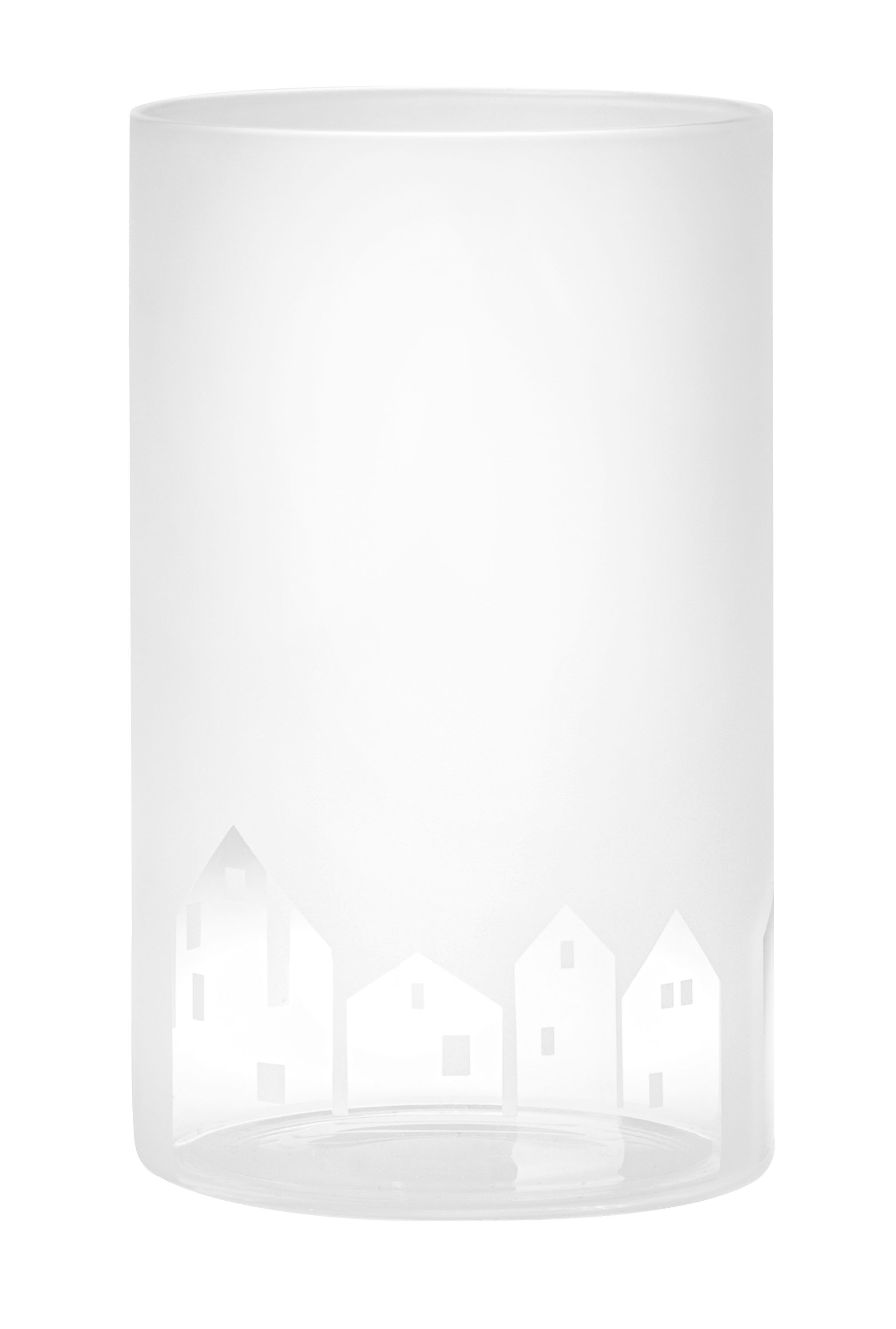 Das Bild zeigt ein mattes Windlicht aus Glas. Am unteren Rand sind Häuser in einem einfachen, stilisierten Design abgebildet.