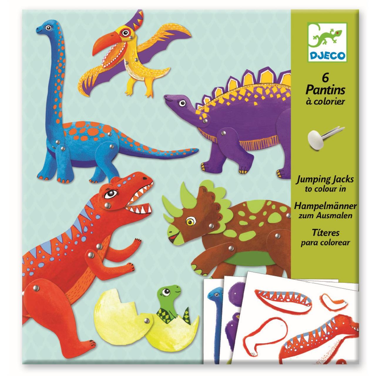Das Bild zeigt ein Bastelset mit sechs bunten Dinosaurier-Hampelmännern zum Ausmalen. Die Verpackung enthält verschiedene fröhliche Dinosaurierfiguren und Bastelmaterialien.