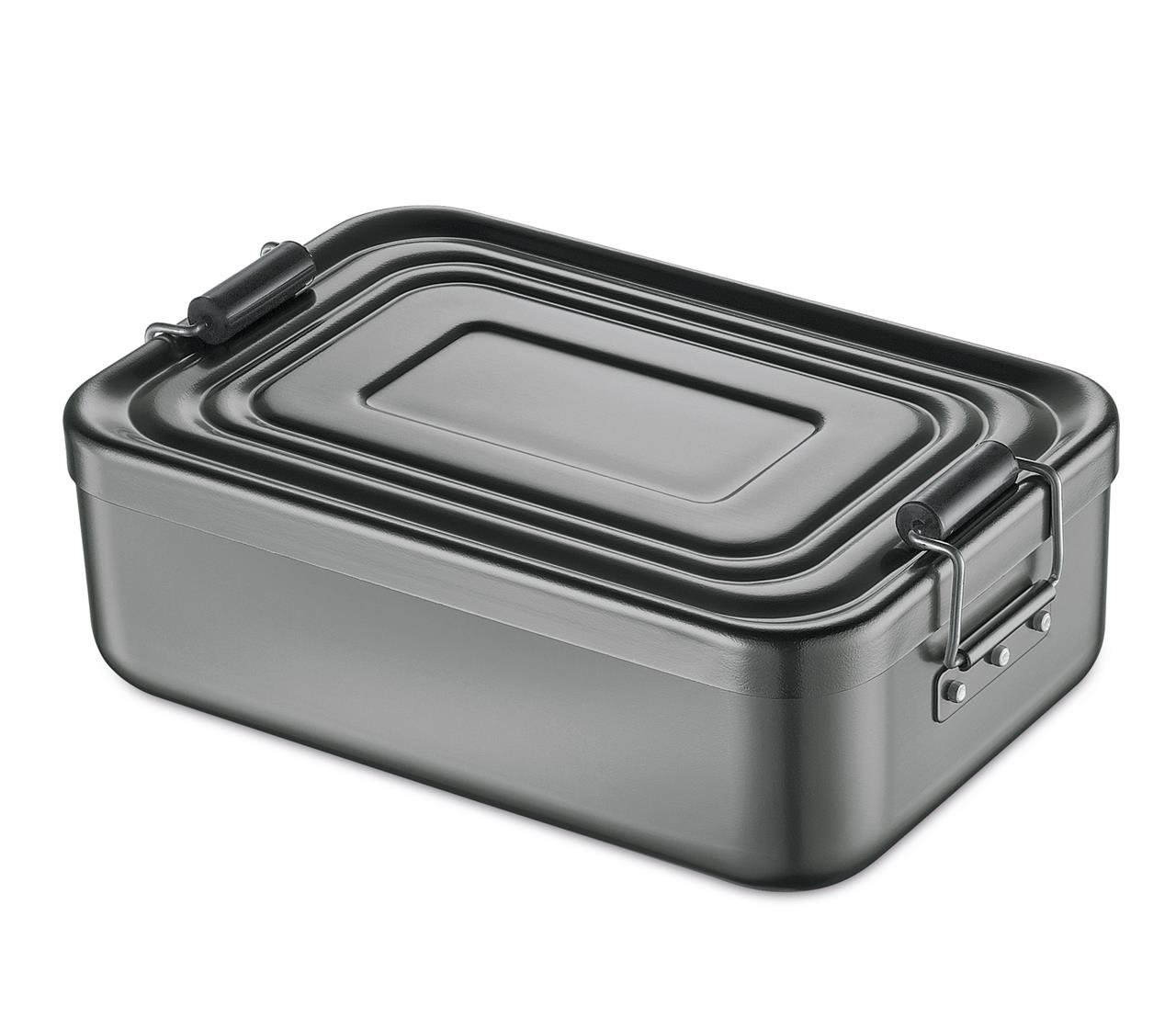 Die Abbildung zeigt eine kleine Lunchbox aus Aluminium in der Farbe Anthrazit. Die Box hat eine rechteckige Form mit abgerundeten Ecken und einen stabilen Verschluss.