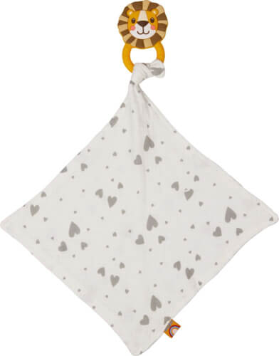 Auf dem Bild ist ein kleines Kuscheltuch mit grauen Herzen zu sehen. Oben am Tuch ist ein Löwenkopf aus Stoff befestigt.