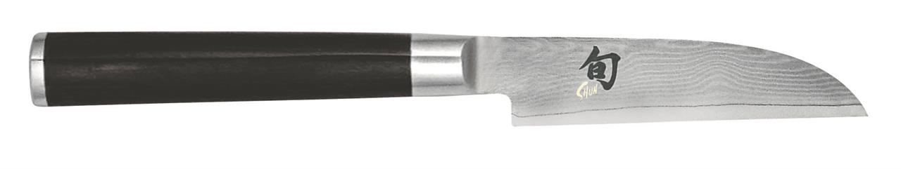 Auf dem Bild ist ein Gemüsemesser mit einer 9 cm langen Klinge der Marke Shun zu sehen. Das Messer hat einen dunklen Griff und eine glänzende, dekorierte Klinge.