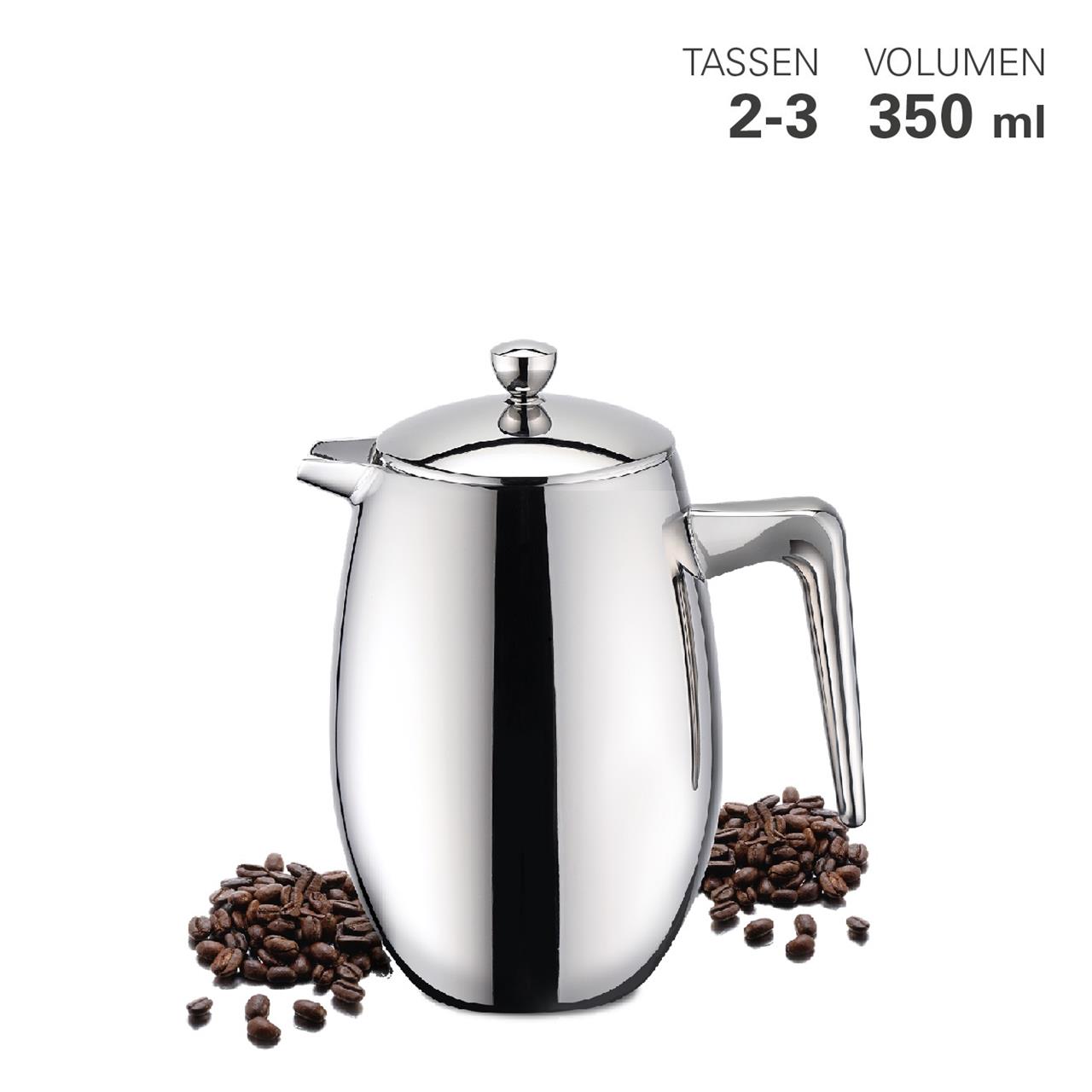 Dies ist eine Pressfilterkanne aus Edelstahl mit einem Fassungsvermögen von 350 ml. Sie eignet sich für 2 bis 3 Tassen Kaffee.