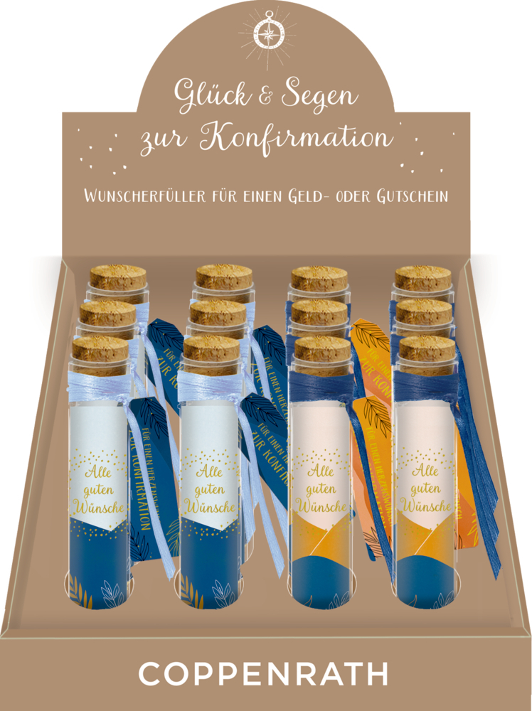 Abgebildet ist das Produkt 'Wunsch.-Flaschenpost: Alle guten Wünsche - Zur Kon'. Das Produkt vermittelt herzliche Glückwünsche auf kreative Weise.