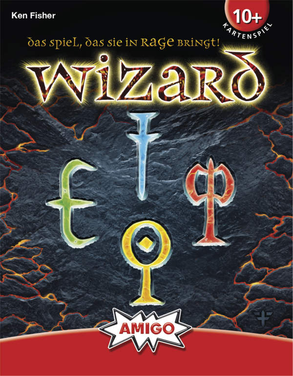 Auf dem Bild ist das Kartenspiel "Wizard" von AMIGO zu sehen. Das Cover zeigt bunte Symbole und den Schriftzug "Wizard" auf einem dunklen Hintergrund.