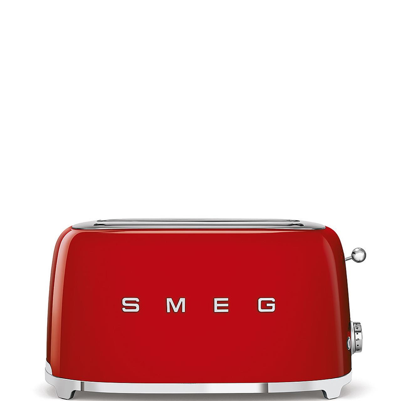 Das Bild zeigt einen roten 4-Scheiben-Toaster der Marke SMEG. Der Toaster hat ein glänzendes Retro-Design.