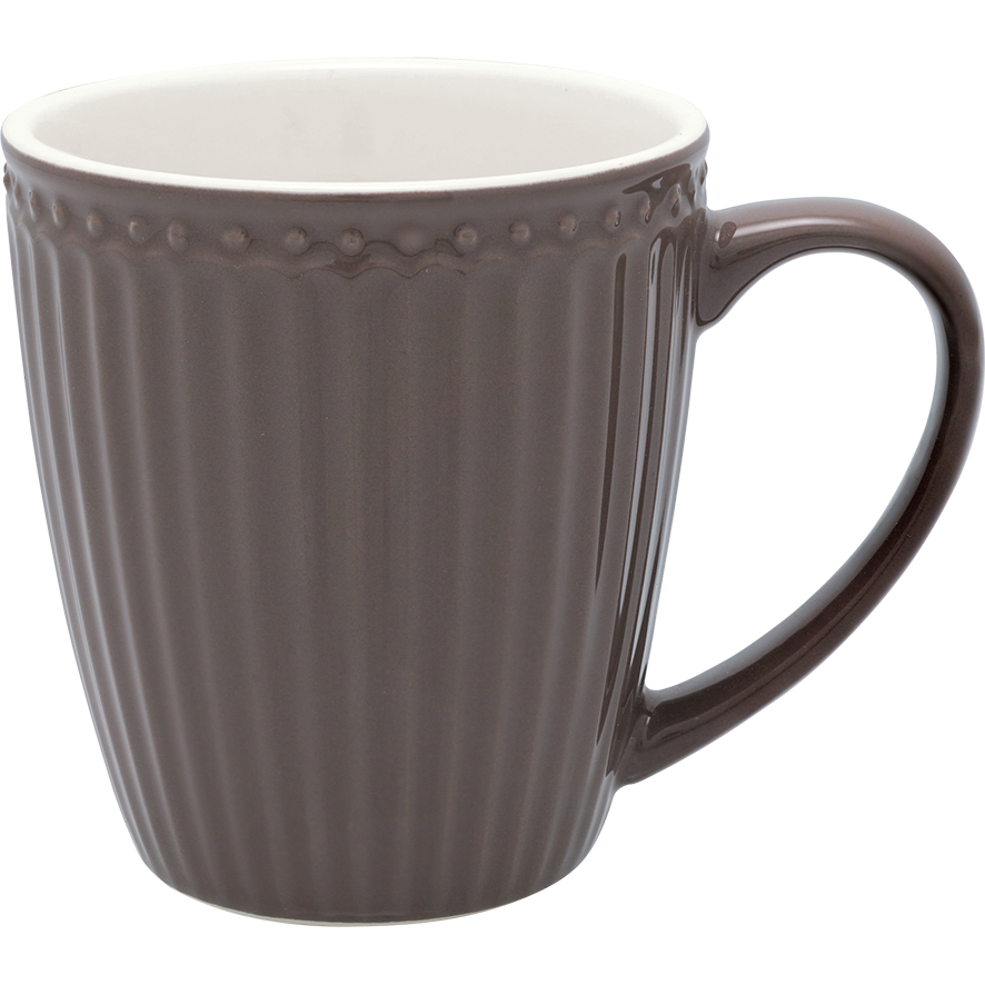 Die Abbildung zeigt den Henkelbecher "dark chocolate Alice". Die Tasse ist dunkelbraun mit einem schlichten, gerillten Design und einem weißen Innenrand.