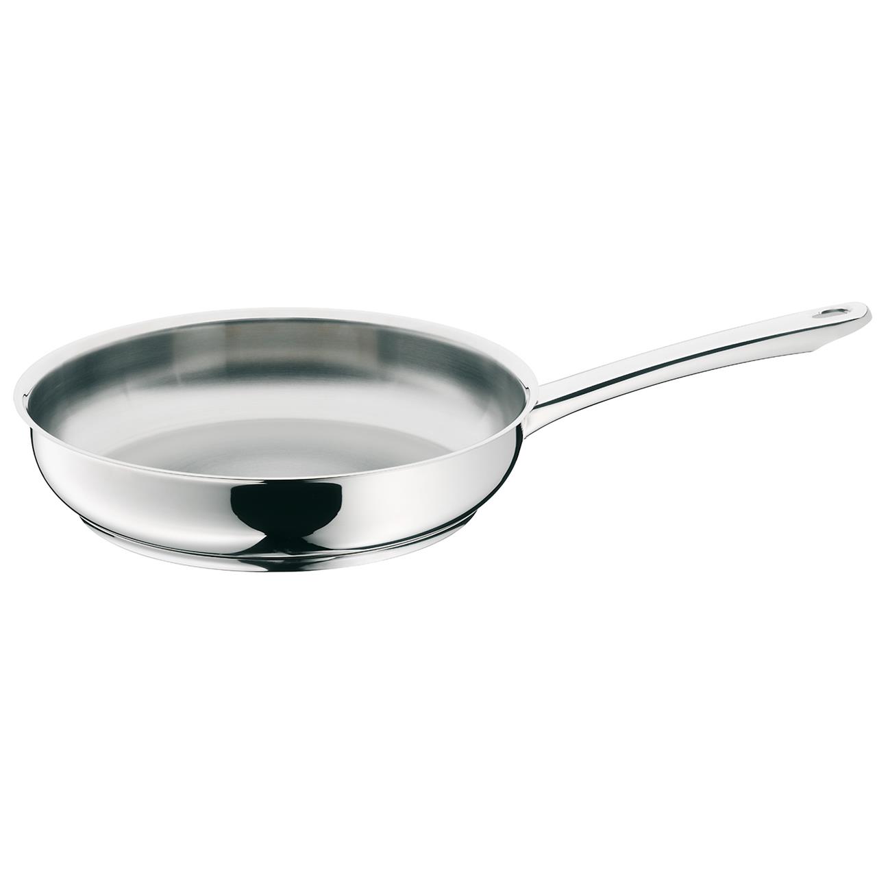 Die Abbildung zeigt eine glänzende Edelstahlpfanne mit einem langen Griff. Es handelt sich um das Produkt "Pfanne Profi-Pfannen 24 cm".