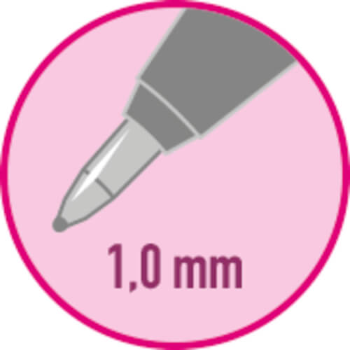 Das Bild zeigt die Spitze eines Stifts in einer Nahaufnahme. Darunter steht "1,0 mm" geschrieben.
