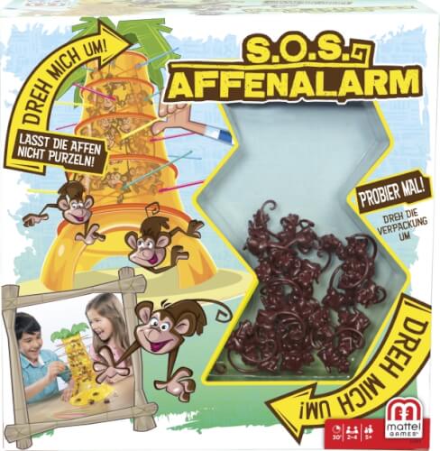 Auf dem Bild ist das Spiel "S.O.S. Affenalarm" zu sehen, bei dem Affen an bunten Stäben in einem Baum hängen. Zwei Kinder spielen lachend das Spiel und versuchen, die Affen nicht herunterfallen zu lassen.