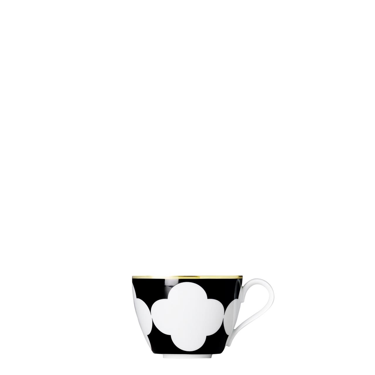 Die Abbildung zeigt eine Kaffeetasse mit einem Fassungsvermögen von 0,20 Litern aus der Serie CA´D´ORO. Die Tasse ist schwarz mit weißen, kleeblattförmigen Mustern und einem goldenen Rand gestaltet.