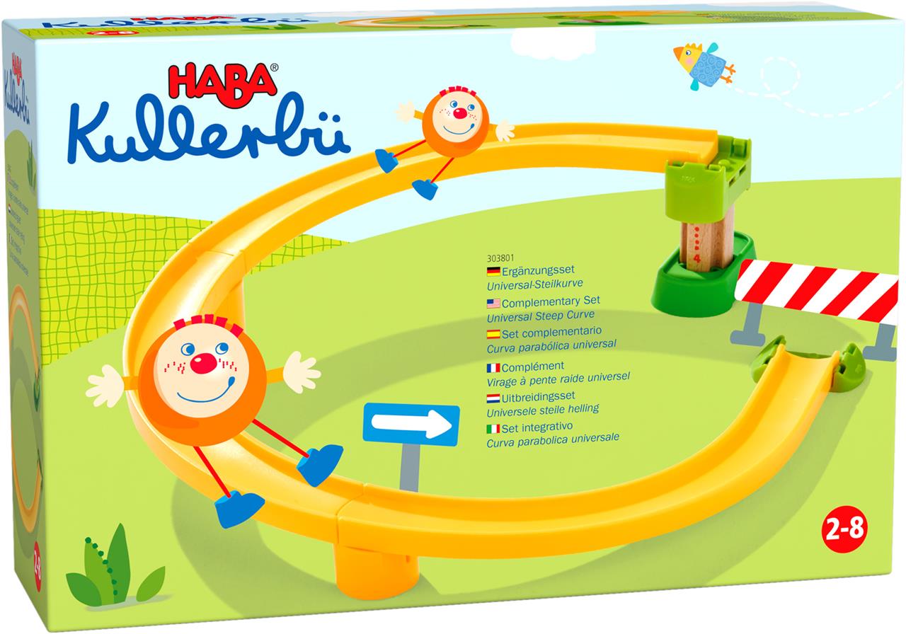 Auf dem Bild ist die Verpackung des Produkts "Kullerbü - Ergänzungsset: Steilkurve" von HABA zu sehen. Das Set enthält gelbe Schienenteile mit einer steilen Kurve und ist für Kinder von 2 bis 8 Jahren geeignet.