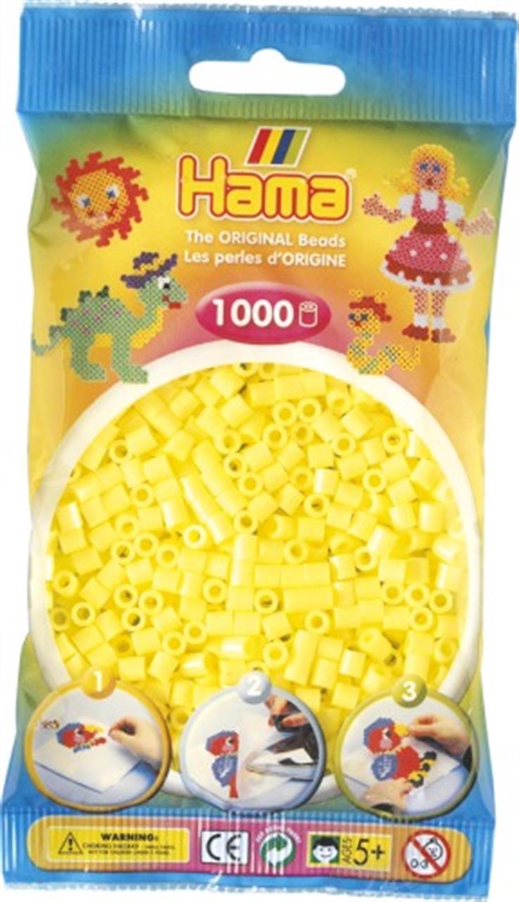 Auf dem Bild ist eine Packung Hama-Bügelperlen in Pastellgelb zu sehen. Die Packung enthält 1000 Stück und ist für Kinder ab 5 Jahren geeignet.