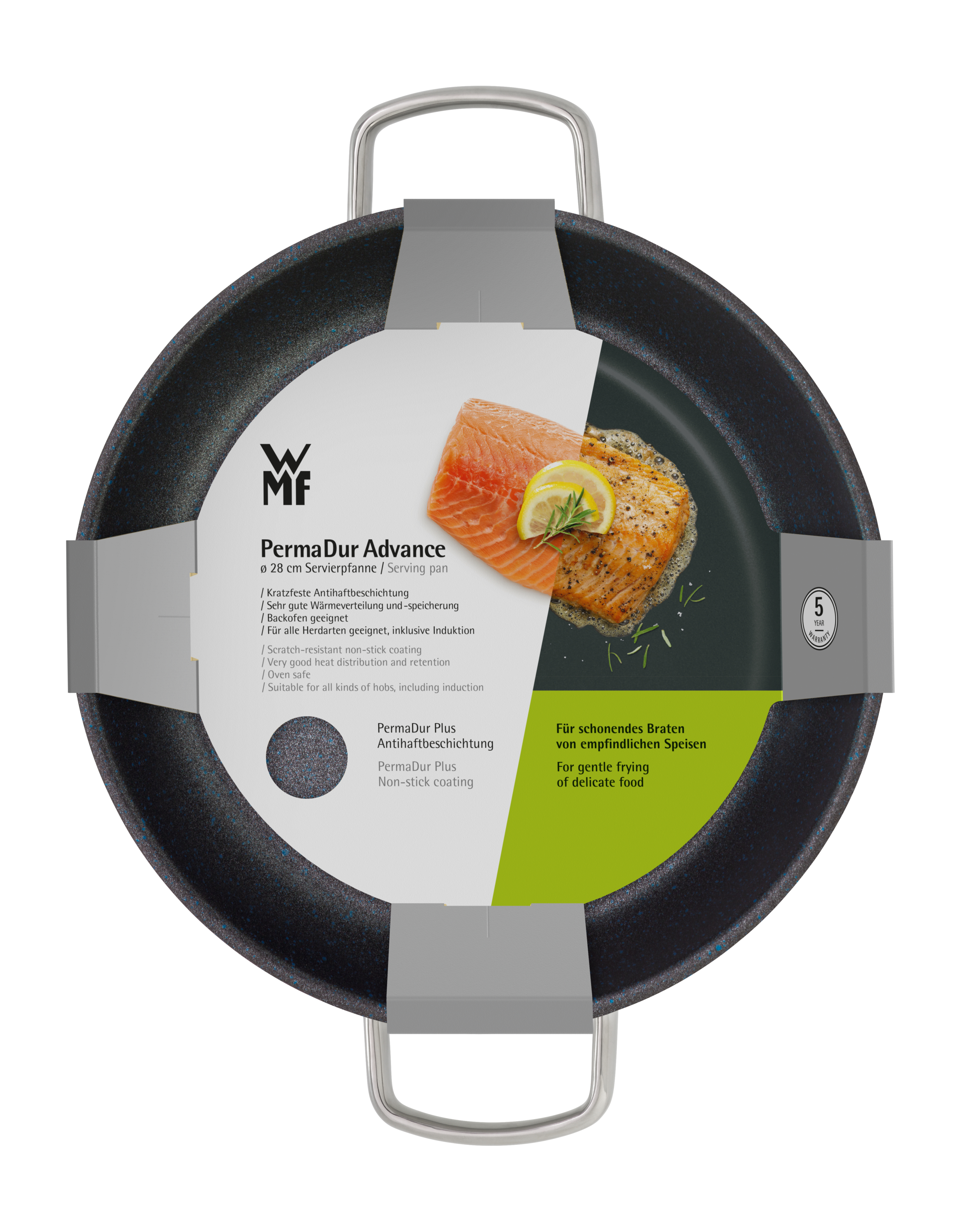 Dies ist eine Servierpfanne der Marke WMF mit einer Antihaftbeschichtung namens PermaDur Advance. Auf der Verpackung ist ein Stück Lachs mit Zitrone abgebildet.