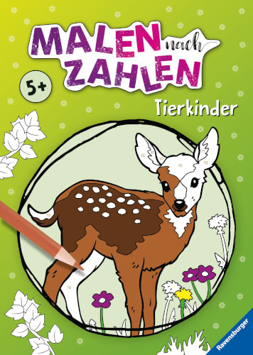 Auf dem Bild ist ein Malen-nach-Zahlen-Buch mit einem jungen Reh auf dem Cover zu sehen. Das Buch richtet sich an Kinder ab 5 Jahren und trägt den Titel "Tierkinder".