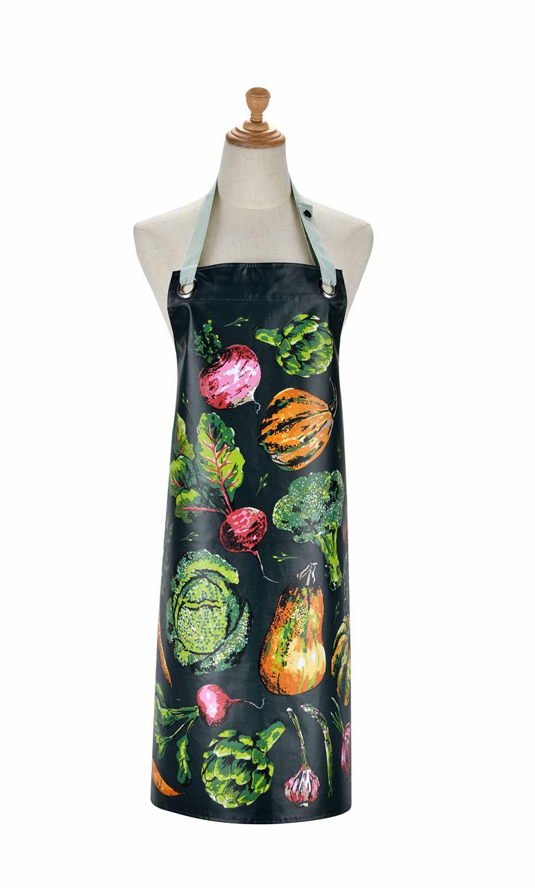 Die Abbildung zeigt eine PVC-Schürze mit dem Namen "Vegetable Medley". Auf der Schürze sind bunte Gemüsemotive auf dunklem Hintergrund abgebildet.