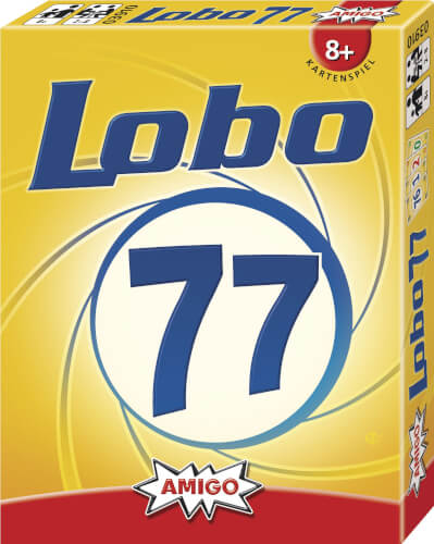 Auf dem Bild ist die Verpackung des Kartenspiels "Lobo 77" von AMIGO zu sehen. Die Schachtel ist gelb und zeigt die Zahl 77 groß in der Mitte.