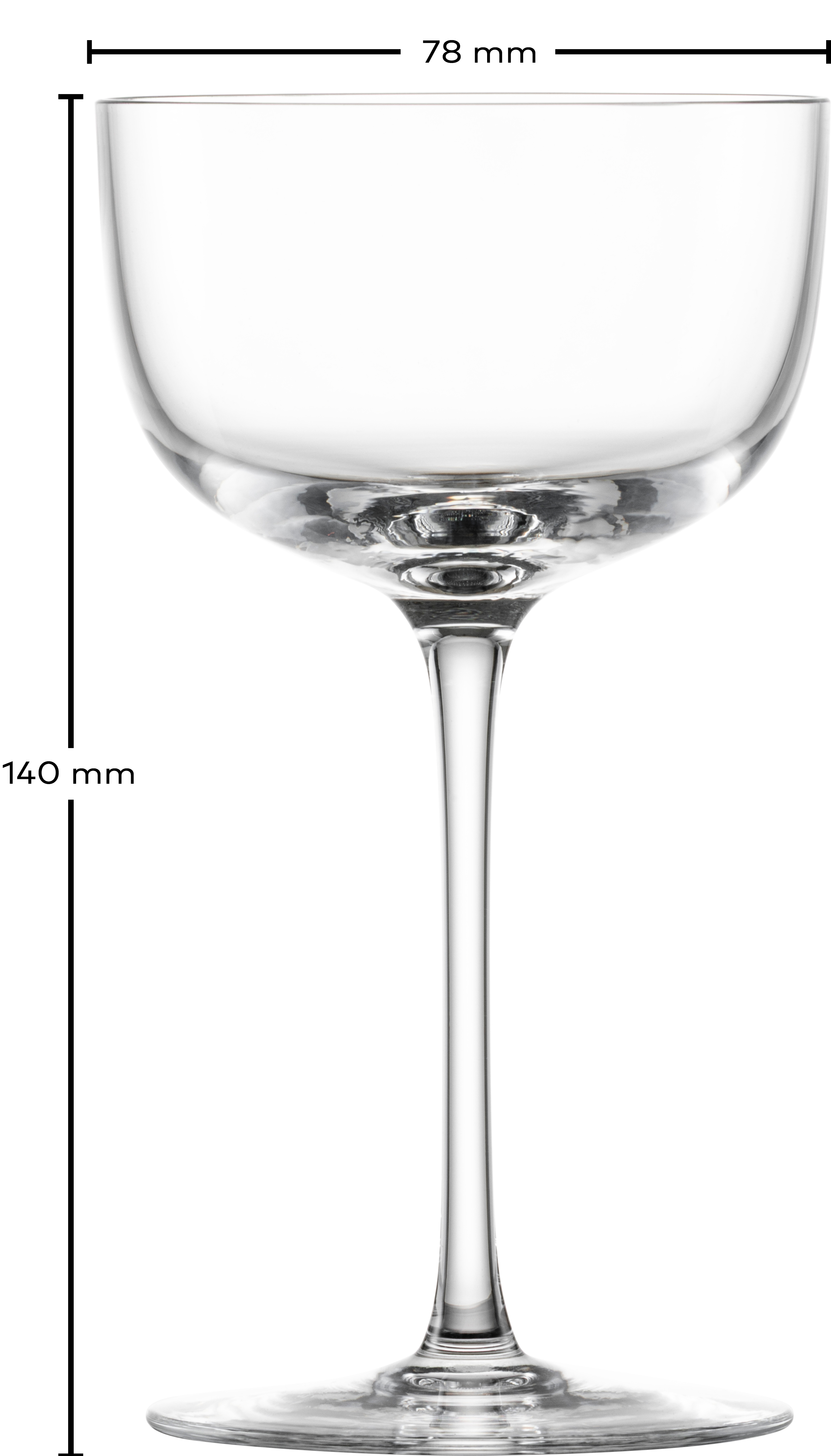 Es ist eine kleine Cocktailschale zu erkennen. Die Schale steht einzeln und ist aus Glas.