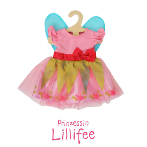 Das Bild zeigt ein pinkes Kleid mit grüner Verzierung und roten Blumen, das auf einem Kleiderbügel hängt. Im Hintergrund sind blaue Feenflügel zu sehen und darunter steht „Prinzessin Lillifee“.