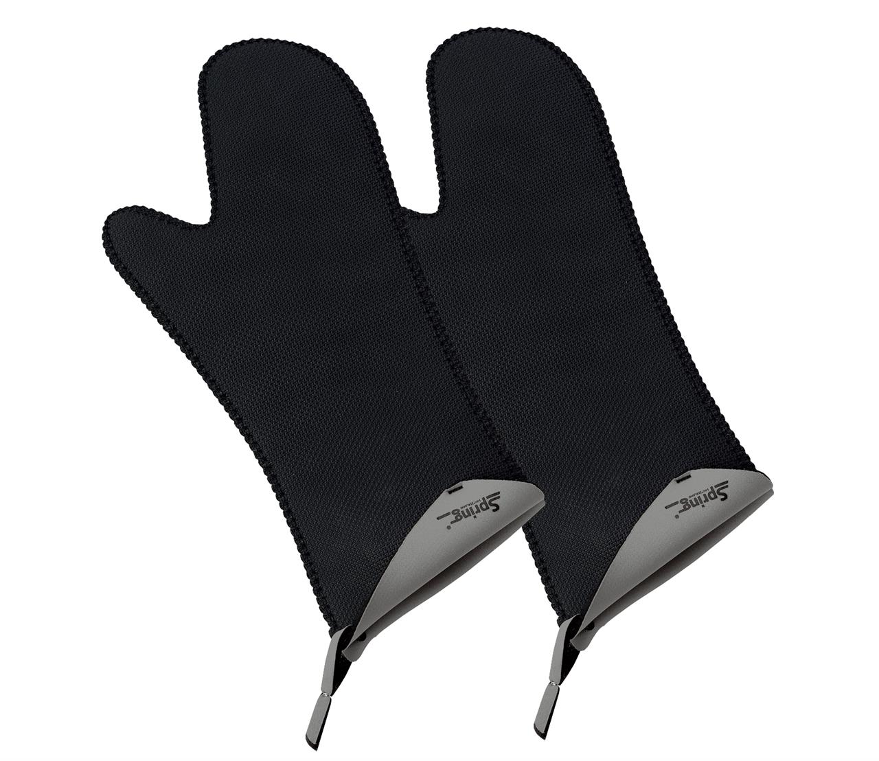 Das Bild zeigt ein Paar lange, graue Handschuhe. Sie haben eine schwarze Oberfläche und sind offensichtlich für den Schutz der Hände gedacht.