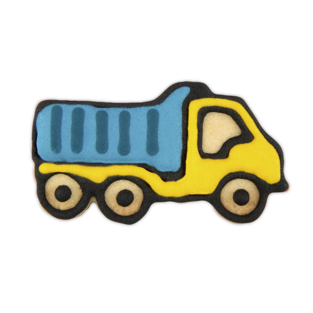 Das Bild zeigt einen Ausstecher in Form eines LKWs mit einer Größe von 8 cm. Der LKW ist gelb mit einem blauen Aufbau gestaltet.